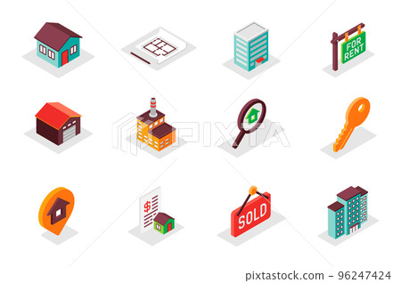 Real estate concept 3d isometric icons set. Pack isometry elements of house, architect blueprint, rent, garage, search, key, location, skyscraper and other. Vector illustration for modern web design Real estate concept 3d isometric icons set. Pack isometry elements of house, architect blueprint, rent, garage, search, key, location, skyscraper and other. Vector illustration for modern web design 96247424