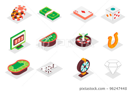 Casino concept 3d isometric icons set. Pack isometry elements of chips, money, cards, dice, roulette, luck, jackpot, poker table, domino, diamond and other. Vector illustration for modern web design Casino concept 3d isometric icons set. Pack isometry elements of chips, money, cards, dice, roulette, luck, jackpot, poker table, domino, diamond and other. Vector illustration for modern web design 96247448