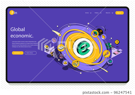 Global economic concept 3d isometric outline landing page. International business and world economy, global market trends and investment. Vector web illustration with abstract line composition. Global economic concept 3d isometric outline landing page. International business and world economy, global market trends and investment. Vector web illustration with abstract line composition. 96247541