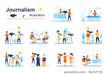 Journalism concept scenes seo with tiny people in flat design. Men and women work on television, recording TV shows, breaking news and news media. Vector illustration visual stories collection for web 96247556