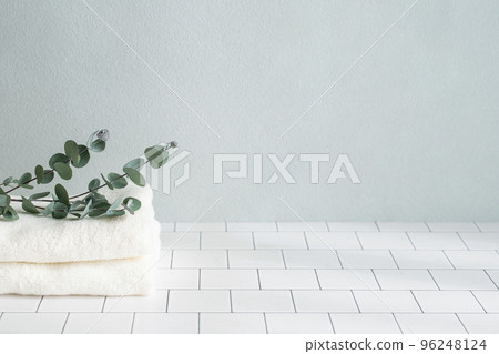 White towels and eucalyptus background material for beauty and cosmetics 96248124