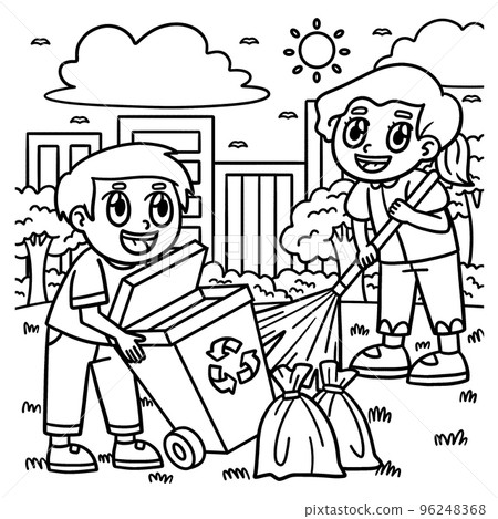 Earth Day Children Cleaning the Trash Coloring  96248368