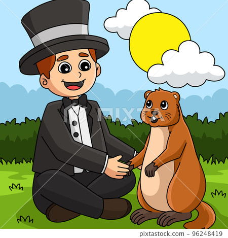 Man Holding Groundhog Colored Cartoon Illustration 96248419