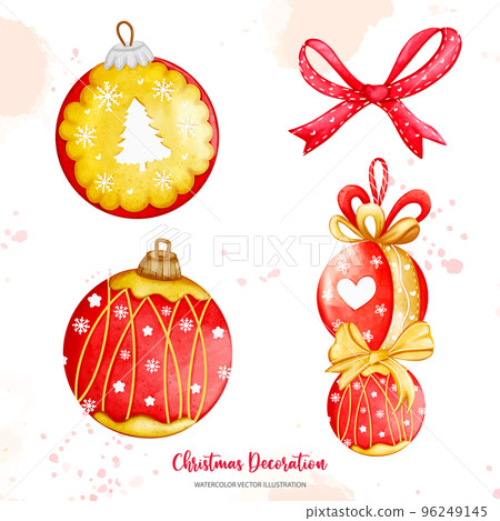 Set of Christmas decor, Christmas Ball and Bow watercolor illustration. 96249145