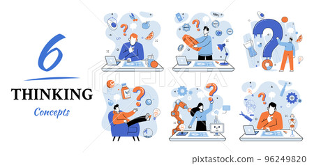 Problem solving concept, woman wondering or thinking, planning or pondering, with question mark Problem solving concept, woman wondering or thinking, planning or pondering, with question mark 96249820