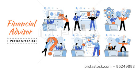 Financial advisor giving advice on investment money market analysis management planning for customer metaphor Financial advisor giving advice on investment money market analysis management planning for customer metaphor 96249898