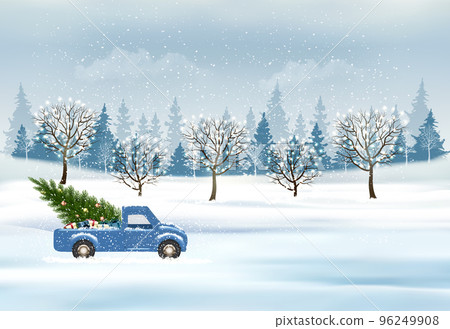 Holiday Christmas and Happy New Year background with evening landscape and trees with garland and a red car is driving a Christmas tree. Winter illustration, banner, vector 96249908