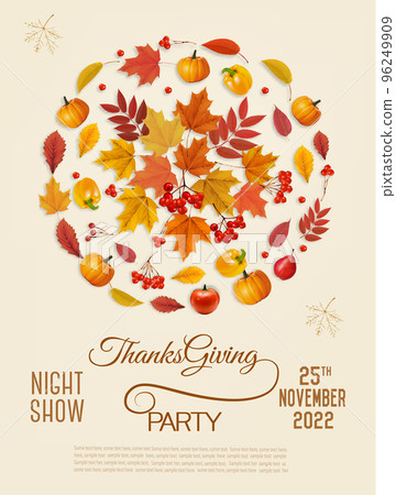 Happy Thanksgiving Flyer with colorful leaves, pumpkins and fresh fruit and vegetables. Vector. 96249909