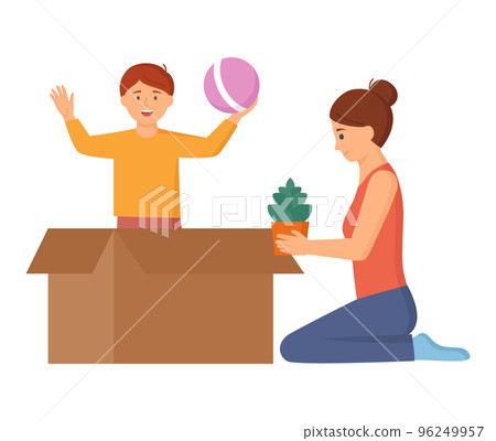 Family moving to new house, mother with son put things into box, carry things to apartment Family moving to new house, mother with son put things into box, carry things to apartment 96249957