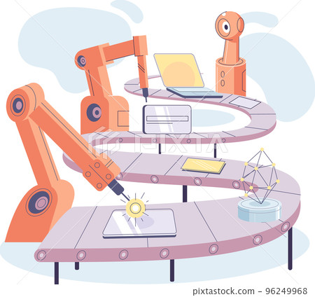 Industrial conveyor with robot work. Smart manufacture, automation of digital devices production 96249968