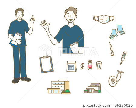穿著磨砂膏的年輕男性員工和醫院的插圖素材集 96250020
