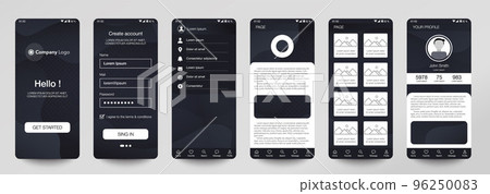 Design of mobile app, UI, UX, GUI. Set of user registration screens with login and password input, account sign in, sign up, home page. Modern Style. Minimal Application. UI Design Template. Interface Design of mobile app, UI, UX, GUI. Set of user registration screens with login and password input, account sign in, sign up, home page. Modern Style. Minimal Application. UI Design Template. Interface 96250083