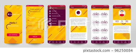 Design of mobile app, UI, UX, GUI. Set of user registration screens with login and password input, account sign in, sign up, home page. Modern Style. Minimal Application. UI Design Template. Interface Design of mobile app, UI, UX, GUI. Set of user registration screens with login and password input, account sign in, sign up, home page. Modern Style. Minimal Application. UI Design Template. Interface 96250084