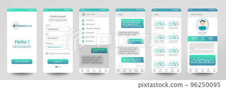Design of mobile app Chat room, UI, UX, GUI. Set of user registration screens with login and password input, account sign in, sign up, home page. Modern Style. Minimal Application. UI Design Template 96250095