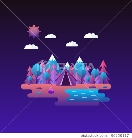 Vector illustration in trendy flat style and bright vibrant gradient colors. Beautiful forest scene. Tent, mushrooms, trees, stones, campfire, mountains, forest and water. Background for banner 96250117