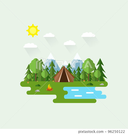 Illustration of beautiful forest scene. Summer landscape in flat style. Sunny day. Background. Tent, mushrooms, trees, stones, campfire, mountains, forest and water. Camping,summer camp,hiking,tourism 96250122