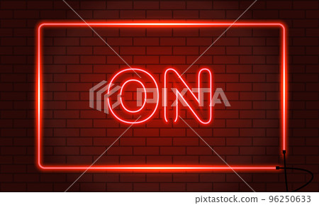 Neon sign ON in a frame on brick wall background. Red. Vector 96250633