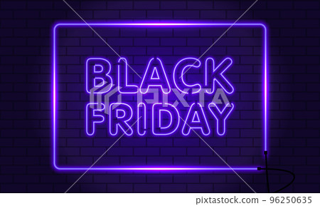 Neon dark web banner for Black Friday sale. Modern neon purple billboard on brick wall. Concept of advertising for seasonal offer with glowing neon text 96250635