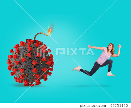 Coronavirus covid-19 ready to explode like a bomb. Concept of dangerousness. cyan background 96251120