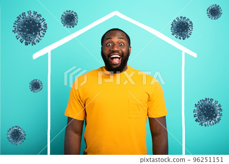 Concept of stay at home message with a man inside his house and around outside coronavirus 96251151