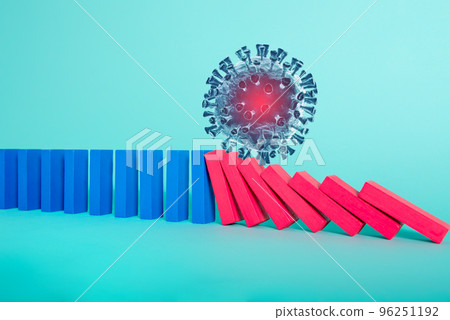 Concept of covid19 coronavirus pandemic with falling chain like a domino game. Contagion and infection progression. Cyan background Concept of covid19 coronavirus pandemic with falling chain like a domino game. Contagion and infection progression. Cyan background 96251192