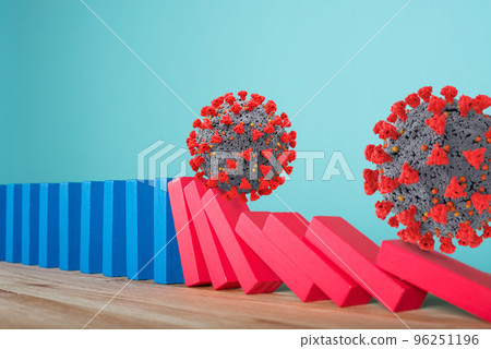 Concept of covid19 coronavirus pandemic with falling chain like a domino game. Contagion and infection progression. Cyan background Concept of covid19 coronavirus pandemic with falling chain like a domino game. Contagion and infection progression. Cyan background 96251196