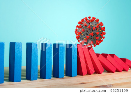 Concept of covid19 coronavirus pandemic with falling chain like a domino game. Contagion and infection progression. Cyan background 96251199