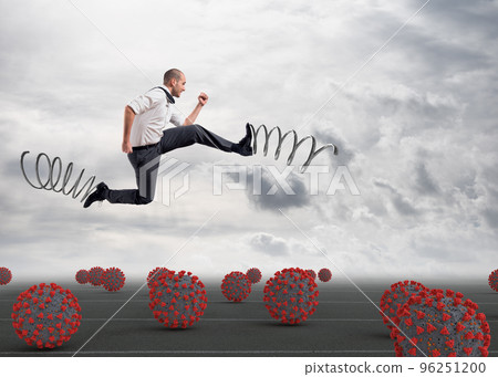 Man runs among viruses, avoiding contagion, with springs on his feet to go to work 96251200