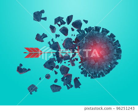 Arrow hits and destroys the coronavirus codiv19. Cyan background Arrow hits and destroys the coronavirus codiv19. Cyan background 96251243
