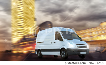 Super fast delivery of package service with a moving van on modern cityscape Super fast delivery of package service with a moving van on modern cityscape 96251248