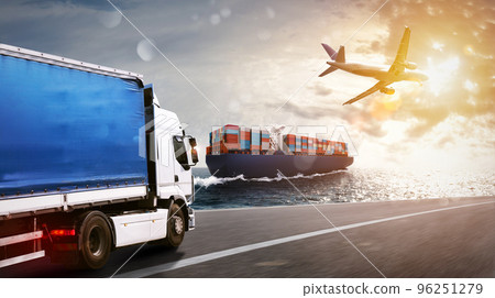 Shipment of goods by sea, by land and by air with cargo ship, truck and airplane 96251279