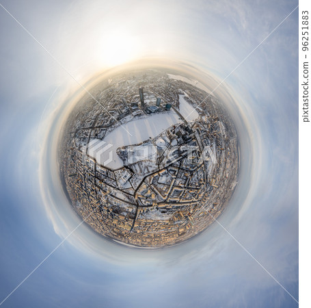 Aerial winter city view with crossroads and roads, houses, buildings, parks and bridges. Copter shot. Little planet sphere mode. 96251883