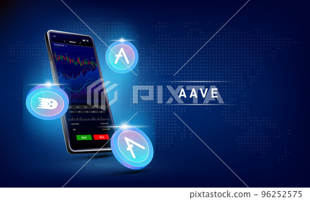 Aave coin and Phone. App for trading crypto currency on the touch screen smartphone. Data analytics stock market. Trends and financial strategy. Aave coin and Phone. App for trading crypto currency on the touch screen smartphone. Data analytics stock market. Trends and financial strategy. 96252575