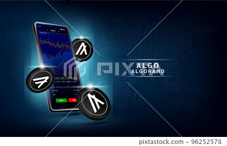 Algorand coin and Phone. App for trading crypto currency on the touch screen smartphone. Data analytics stock market. Trends and financial strategy. Mobile banking cryptocurrency. 96252578