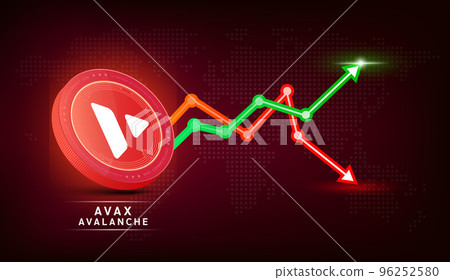 Avalanche coin red. Cryptocurrency token symbol with stock market investment trading graph green and red. Coin icon on dark background. Economic trends business concept. Avalanche coin red. Cryptocurrency token symbol with stock market investment trading graph green and red. Coin icon on dark background. Economic trends business concept. 96252580