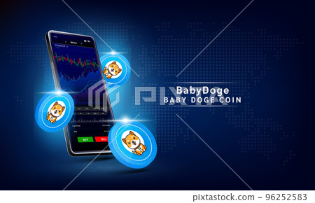 Baby doge coin and Phone. App for trading crypto currency on the touch screen smartphone. Data analytics stock market. Trends and financial strategy. Mobile banking cryptocurrency. 96252583