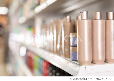 Hair care products on store shelves in supermarket Hair care products on store shelves in supermarket 96252599