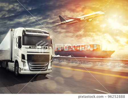 Shipment of goods by sea, by land and by air with cargo ship, truck and airplane at sunset 96252888
