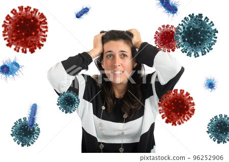 Feared girl attacked by viruses and bacteria. Concept of illness Feared girl attacked by viruses and bacteria. Concept of illness 96252906