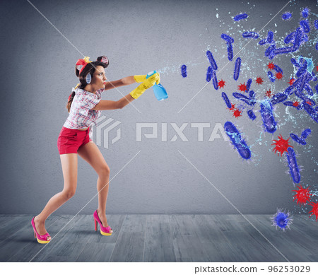 Funny housewife cleans and disinfects to keep germs, viruses and bacteria away. Funny housewife cleans and disinfects to keep germs, viruses and bacteria away. 96253029