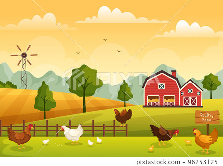Poultry Farming with Farmer, Cage, Chicken and Egg Farm on Green Field Background View in Hand Drawn Cute Cartoon Template Illustration Poultry Farming with Farmer, Cage, Chicken and Egg Farm on Green Field Background View in Hand Drawn Cute Cartoon Template Illustration 96253125