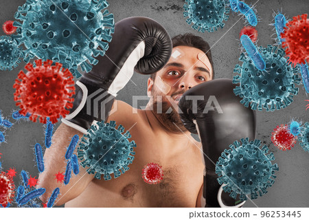 Man fights like a boxer. Concept of viruses and bacteria attack 96253445