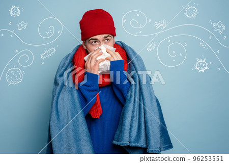 Boy caught a cold and uses pills to heal. Studio on Cyan background 96253551