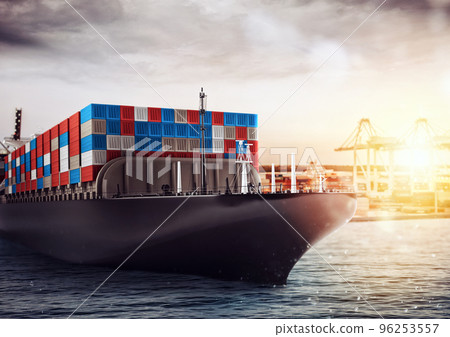 Cargo ship at the port ready to travel with packages. Concept of transportation industry Cargo ship at the port ready to travel with packages. Concept of transportation industry 96253557