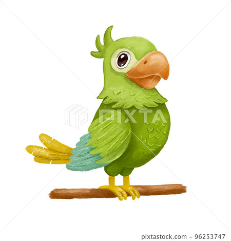 Green parrot bird sitting on tree branch. Hand drawn cartoon character isolated on white. Green parrot bird sitting on tree branch. Hand drawn cartoon character isolated on white. 96253747