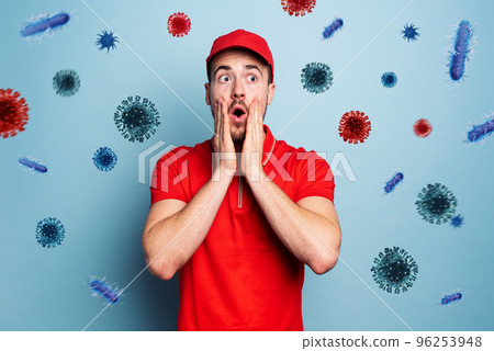Courier is worried due viruses and bacteria in air. Concept of pandemic 96253948