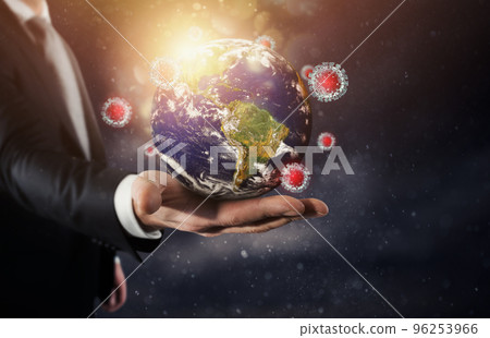 Worldwide problem of covid 19 viruses with a glass globe Worldwide problem of covid 19 viruses with a glass globe 96253966