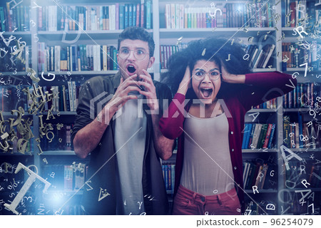 Fearful students are victim of a incubus with flying letters. Concept of stress for exam 96254079