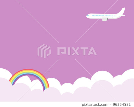 Illustration of an airplane, a cumulonimbus and a rainbow _ background purple 96254581