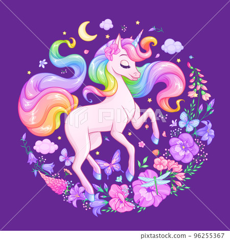 Beautiful unicorn surrounded with flowers and butterflies. Vector illustration on dark background. Beautiful unicorn surrounded with flowers and butterflies. Vector illustration on dark background. 96255367